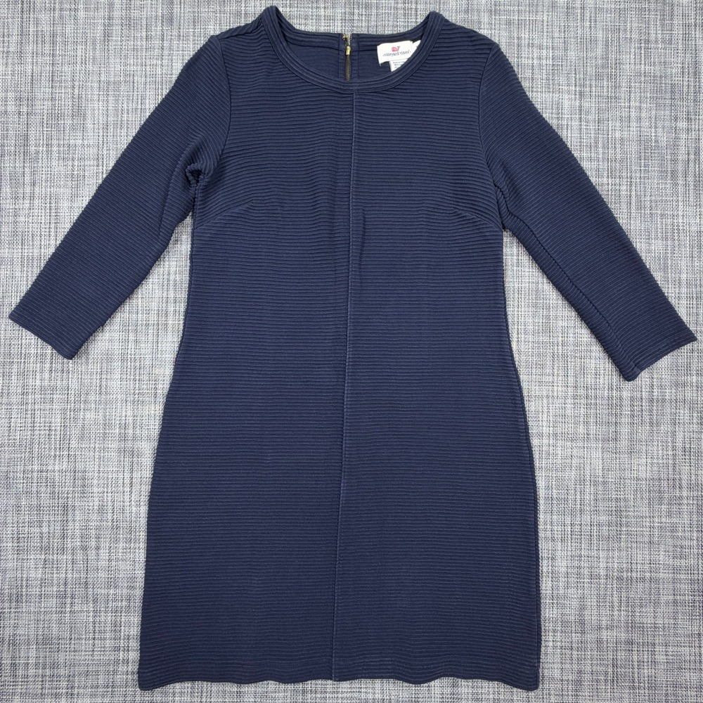 Vineyard Vines Womens Shift Dress XS Navy Ribbed Cotton Stretch 3/4 Sleeve Zip